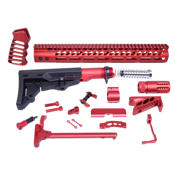 AR-15 red custom firearm parts kit displayed on plain background.