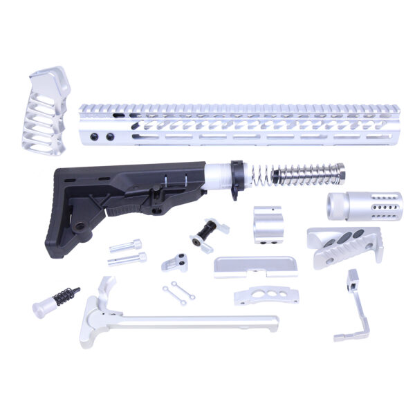 Rifle customization parts on white background, featuring handguard, telescopic stock, and various mounts.