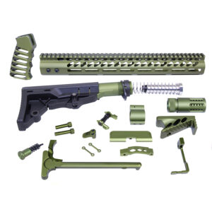 Tactical firearm kit with olive green and black components on white background.