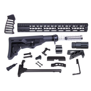 Array of AR-style rifle components on white background for assembly.