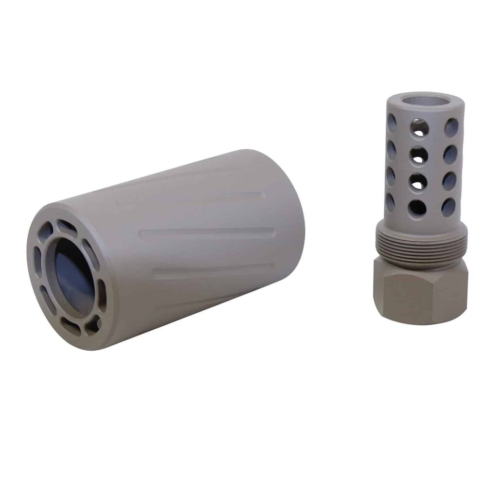 AR 300 Blackout muzzle compensator with QD blast shield in flat dark earth color.