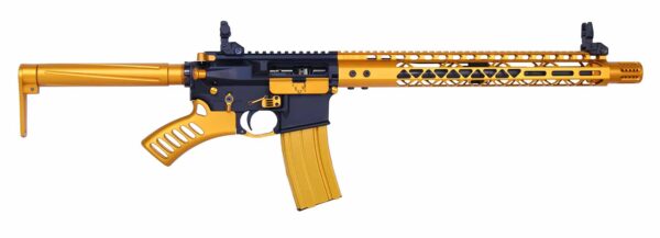 Gold and black airsoft rifle with skeletonized design and flip-up sights.