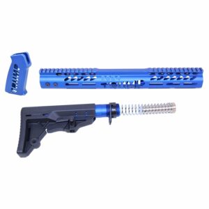 AR-15 Trump Series blue anodized firearm accessories set on white background.