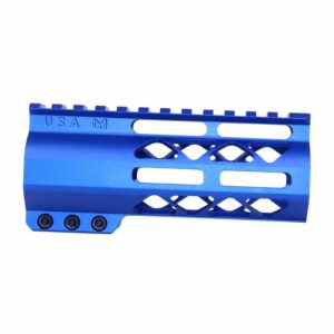 Guntec USA blue anodized 5-inch M-LOK free-floating handguard with top rail.