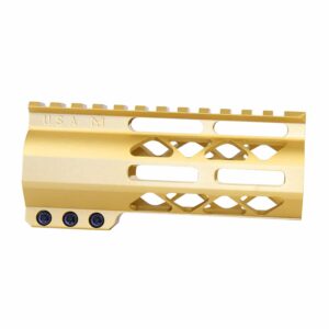 Gold 5-inch Guntec USA M-LOK Handguard with Monolithic Top Rail.