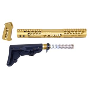 Gold AR-15 Trump Series rifle parts, including handguard, stock, and muzzle brake.