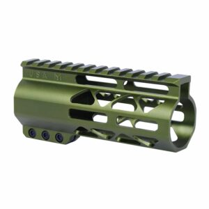 Guntec USA 5-inch green anodized aluminum handguard with M-LOK and top rail.