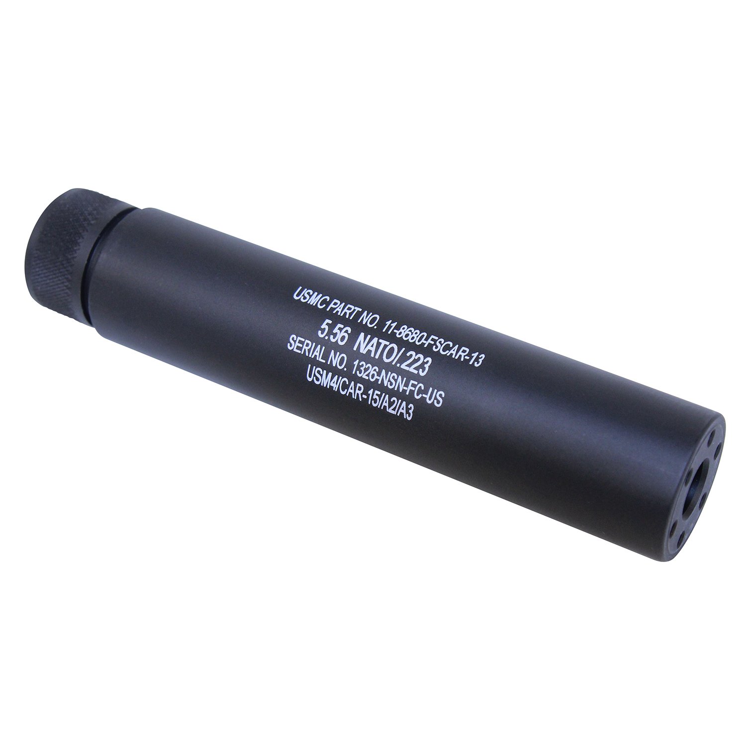 AR-15 mock suppressor, 6-inch length in black, with detailed engraving.