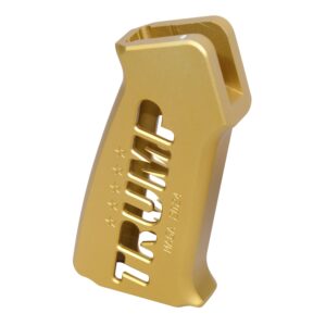 Gold AR-15 Trump Series pistol grip with MAGA 2024 inscription.