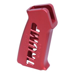 Red anodized AR-15 Trump Series pistol grip with patriotic branding.