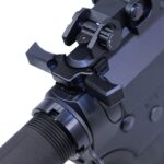 AR-15 ambidextrous charging handle with adjustable rear sight, anodized black finish.