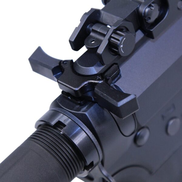 AR-15 ambidextrous charging handle with adjustable rear sight, anodized black finish.