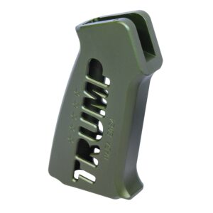 Olive green AR-15 pistol grip with TRUMP and stars design, ergonomic and lightweight.