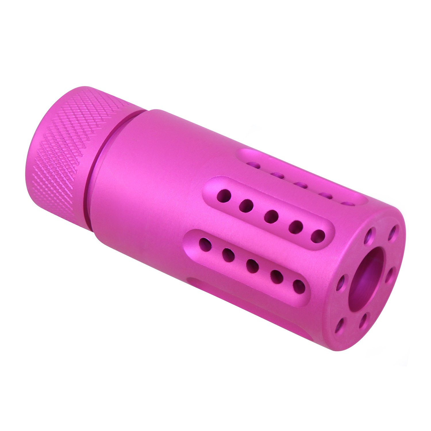 Micro AR-15 muzzle brake with ported design in an anodized bright pink finish