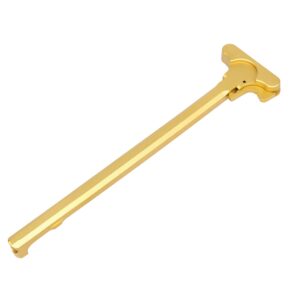 Gold anodized AR-10 LR-308 charging handle for enhanced firearm operation.