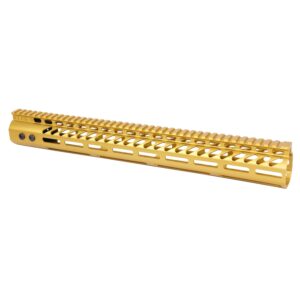 Gold anodized 16.5 Guntec USA M-LOK handguard for .308 rifles with top Picatinny rail.