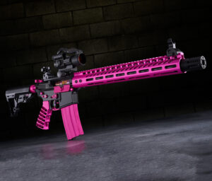 Bright pink modern rifle with scope and adjustable stock on dark background.