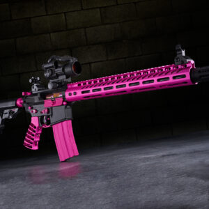 Bright pink modern rifle with scope and adjustable stock on dark background.