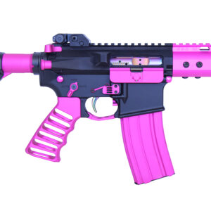 Vibrant pink AR-15 rifle with contrasting black details and ergonomic design.