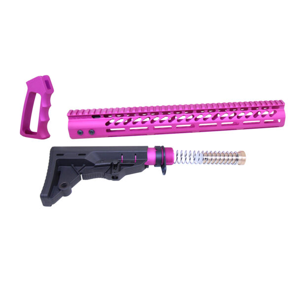 Pink firearm parts set with tactical rail and ergonomic grip on neutral background.