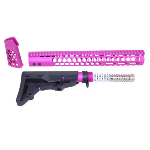Hot pink rifle handguard and accessories on white background.