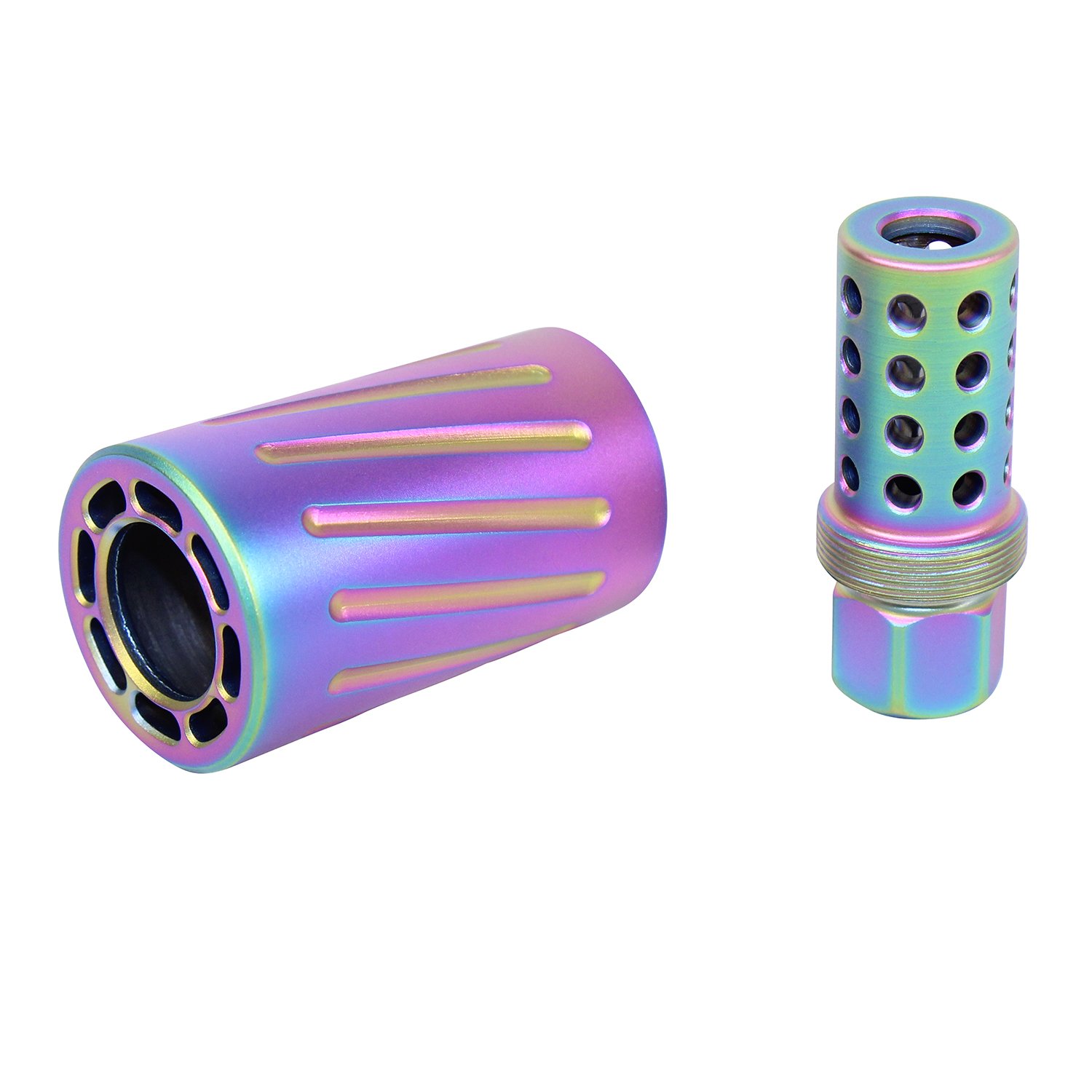 AR-15 muzzle compensator and blast shield with color-shifting rainbow PVD coat