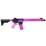 Pink and black tactical rifle with ventilated handguard and adjustable stock.