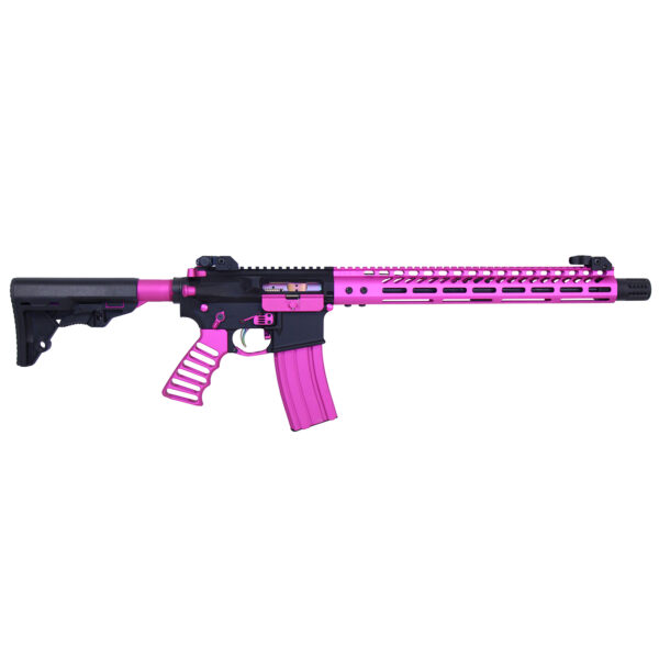 Pink and black tactical rifle with ventilated handguard and adjustable stock.