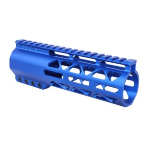 Blue 7-inch Guntec USA M-LOK handguard with top rail for .308 caliber rifles.