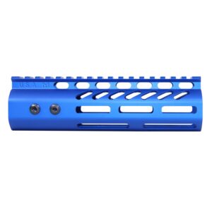 Blue anodized 7-inch M-LOK free-floating handguard with top rail for .308 firearms.