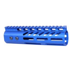 Blue anodized Guntec USA 7 M-LOK handguard for .308 with monolithic top rail.