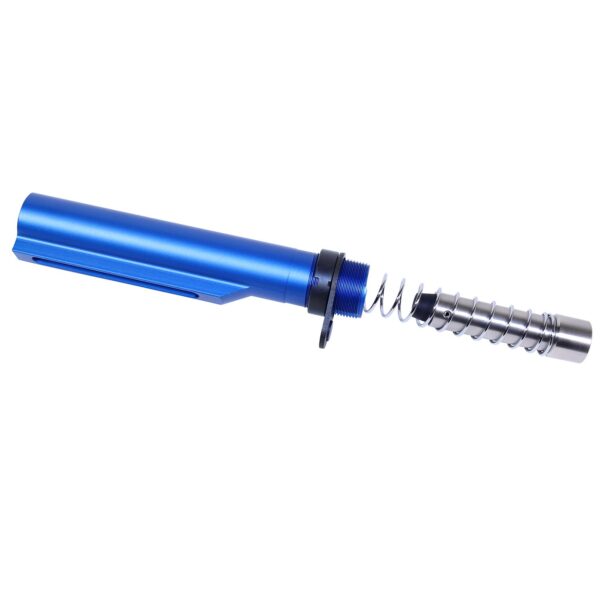 Anodized blue MIL-SPEC buffer tube set for AR 9mm, featuring spring-loaded mechanism.