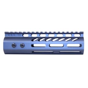 7 Guntec USA blue M-LOK handguard, .308 caliber, with top rail and airflow cutouts.