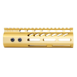 Gold 7-inch Guntec M-LOK Handguard with Top Rail for .308 Caliber Firearms.