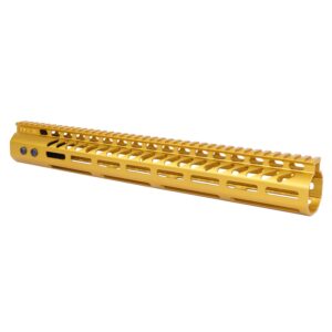 Gold 15-inch Guntec M-LOK handguard for .308 rifles with top rail.