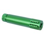AR-15 barrel shroud and muzzle brake in anodized Irish green with multiple ports.