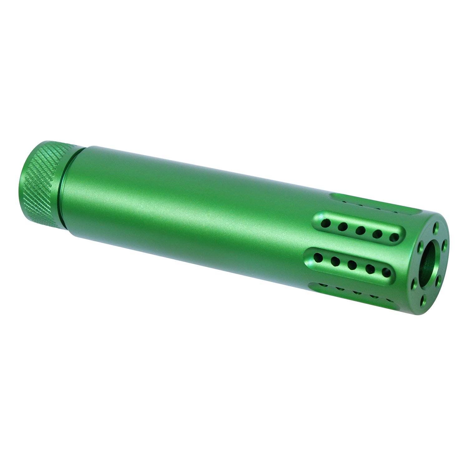 AR-15 barrel shroud and muzzle brake in anodized Irish green with multiple ports.