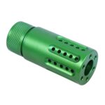 Micro AR-15 muzzle brake with multi-port design in anodized Irish green finish.