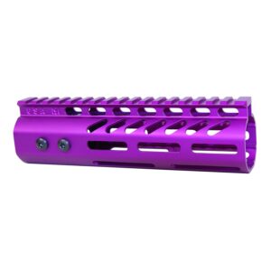 Anodized purple 7-inch M-LOK handguard for .308 rifles with a monolithic top rail.