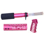 AR-15 pistol furniture set in anodized pink finish, including buffer tube, grip, and rail section