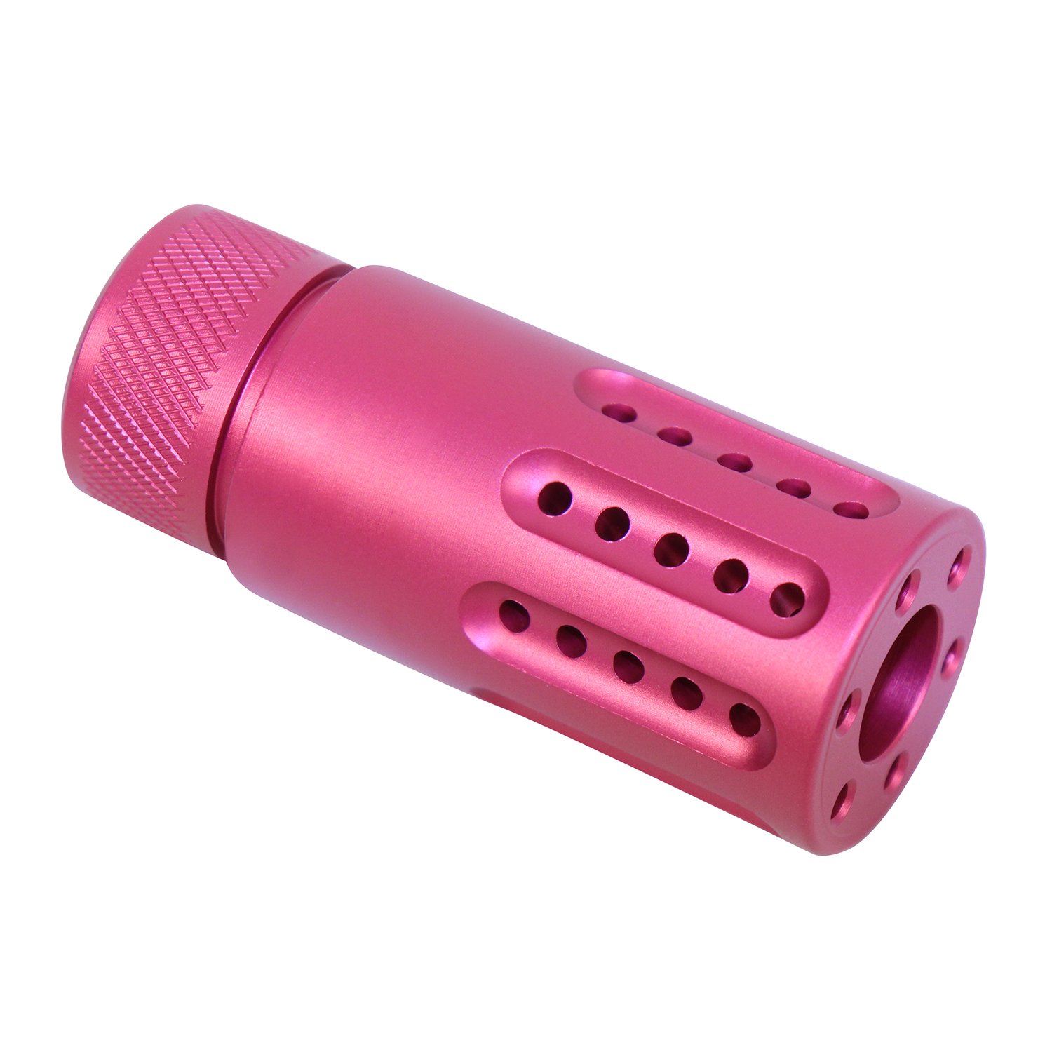 Compact anodized rose AR-15 muzzle brake with slip-over barrel shroud