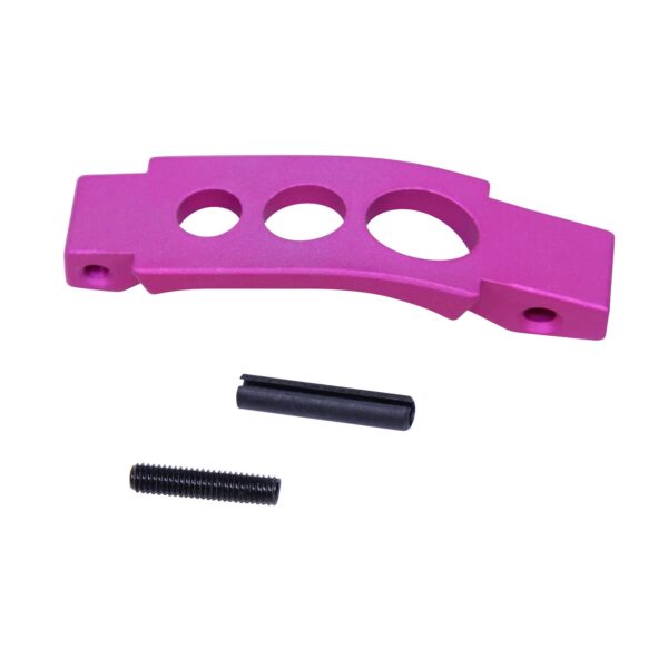 Bright pink anodized AR-15 trigger guard with metal fasteners, designed for customization.