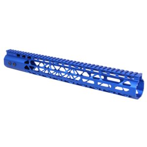 Blue 15-inch Guntec M-LOK handguard for .308 rifles with top Picatinny rail.