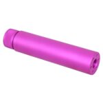 Bright pink AR-15 mock suppressor with sleek, portable design and ventilation holes.