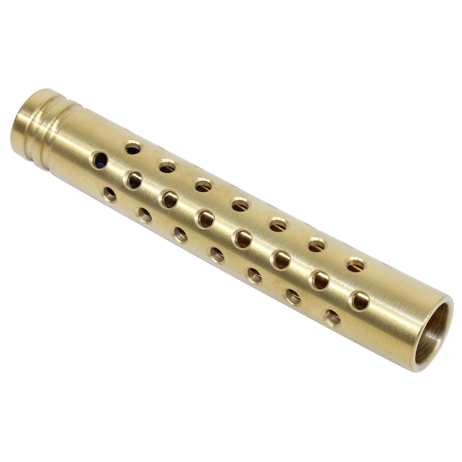 A 5.5-inch AR-15 muzzle brake with a distinctive gold tint coating and multiple vent holes.