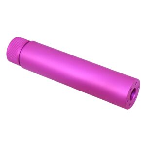 Vibrant pink AR-15 5.5 fake suppressor with circular cap and multiple end holes.