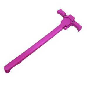 Bright pink AR-15 ambidextrous charging handle, ergonomic and quick engage design.