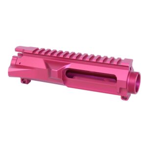 AR-15 stripped billet upper receiver in anodized rose pink with Picatinny rail.