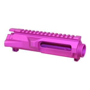 Pink anodized AR-15 billet upper receiver with Picatinny rail and ejection port.