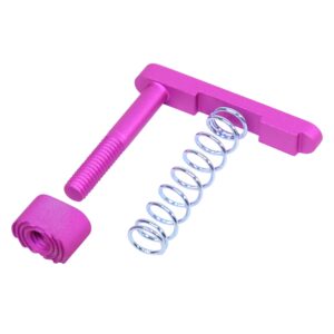 AR-15 pink mag catch assembly with extended button and metallic spring.